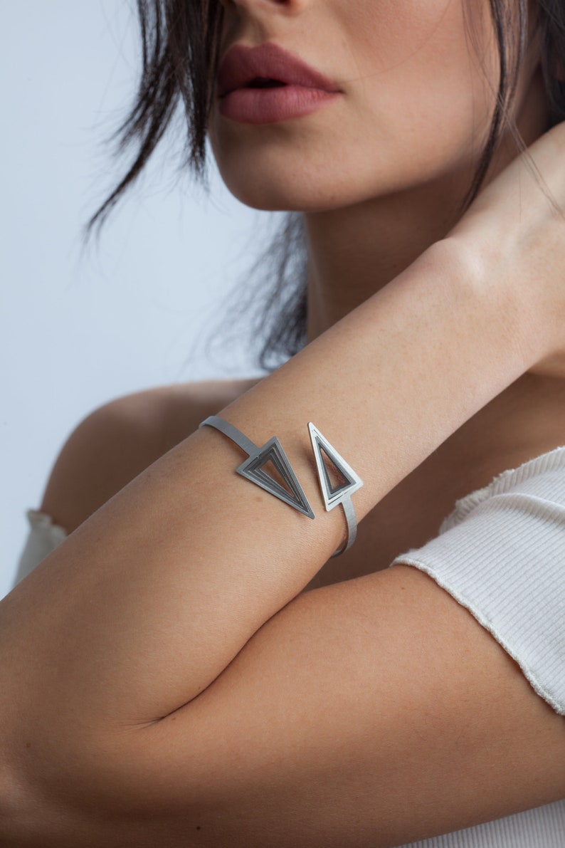 Illusion Triangles Bracelet Geometric stainless steel jewelry for her Trendy 3d open cuff bracelet Dainty shining bracelet for woman image 1