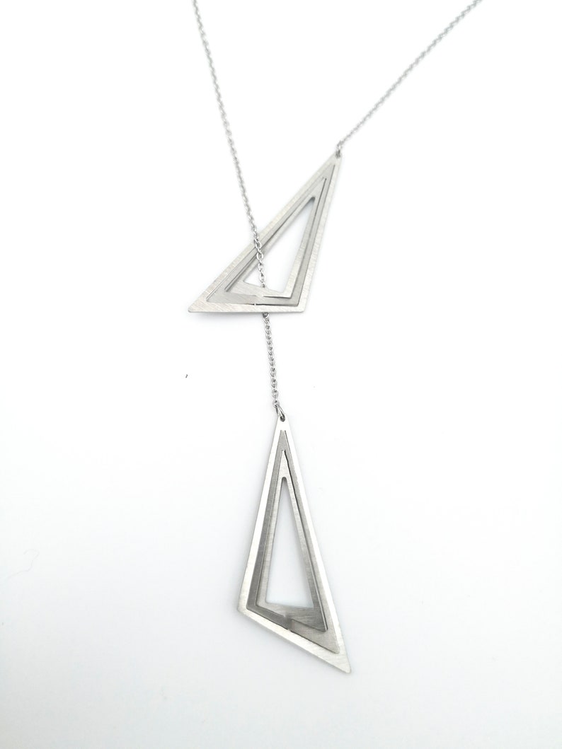 Geometric lariat necklace with no claspr Shining hypoallergenic pendant Stainless steel Triangles necklace Y necklace