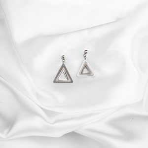 Mini Triangles Stud Earrings, Geometric stainless steel minimalist studs, Hypoallergenic dainty earrings, Elegant shining jewelry for her image 2