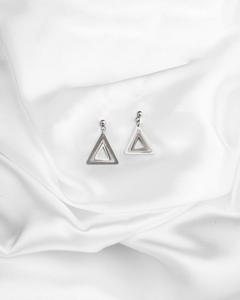 Mini Triangles Stud Earrings, Geometric stainless steel minimalist studs, Hypoallergenic dainty earrings, Elegant shining jewelry for her image 2