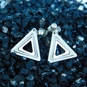 Mini Triangles Stud Earrings, Geometric stainless steel minimalist studs, Hypoallergenic dainty earrings, Elegant shining jewelry for her image 5