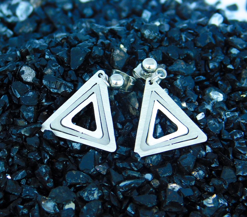 Mini Triangles Stud Earrings, Geometric stainless steel minimalist studs, Hypoallergenic dainty earrings, Elegant shining jewelry for her image 5