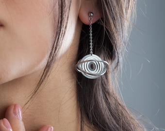 Stainless steel Saturn Planet earrings, Geometric 3D celestial jewelry, Minimalist space earrings, Galaxy long stud hypoallergenic earrings