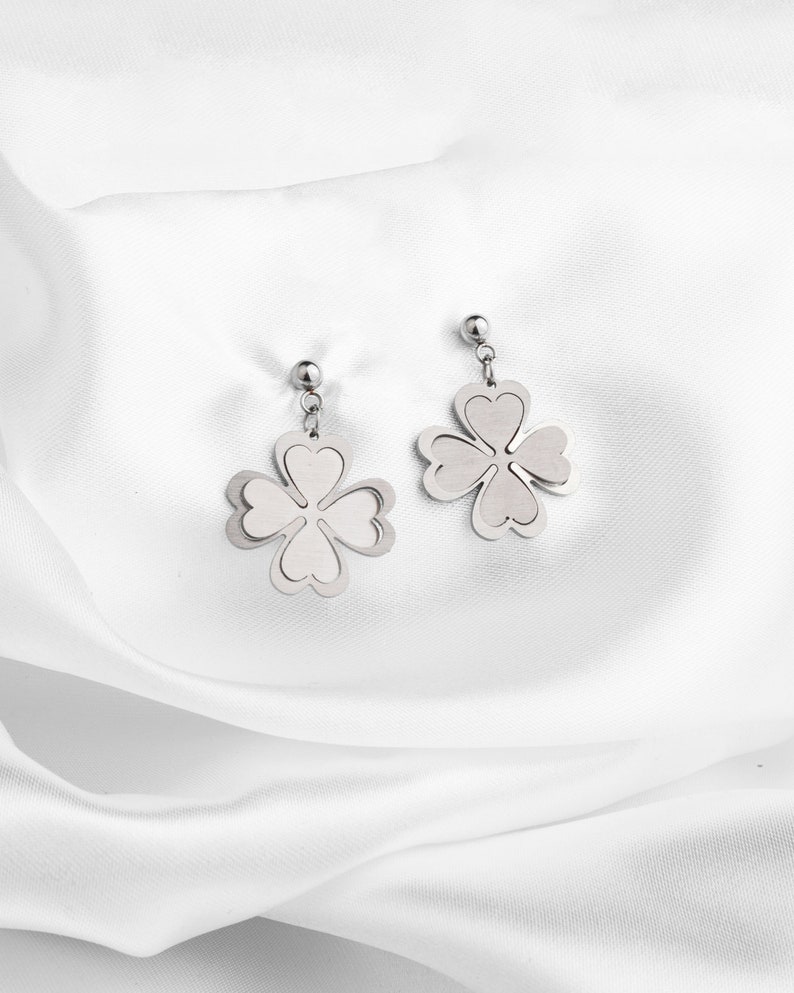 Four Leaf Clover Stud Earrings, Stainless steel minimalist jewelry, Minimalist 3d special shining earrings, Dainty lucky clover earrings image 1