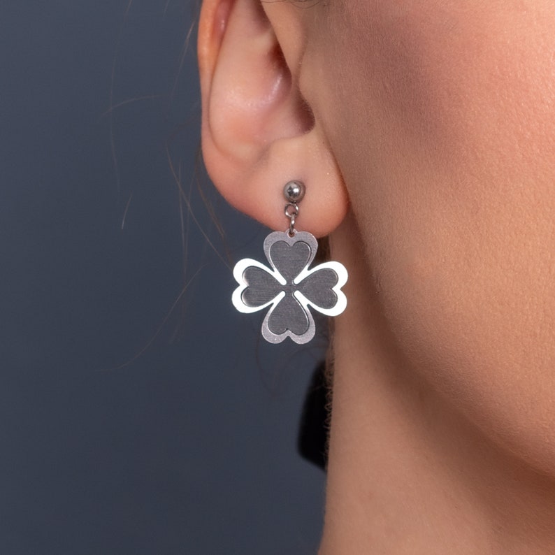 Four Leaf Clover Stud Earrings, Stainless steel minimalist jewelry, Minimalist 3d special shining earrings, Dainty lucky clover earrings image 4