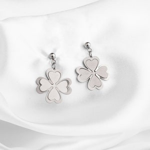 Four Leaf Clover Stud Earrings, Stainless steel minimalist jewelry, Minimalist 3d special shining earrings, Dainty lucky clover earrings image 2
