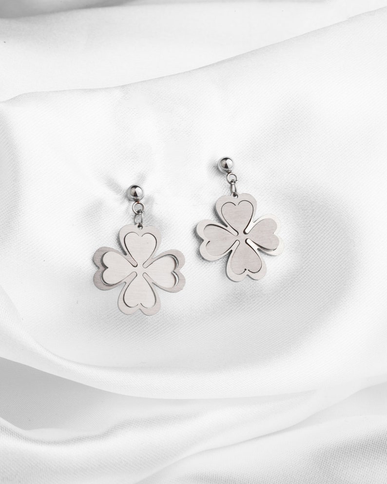 Four Leaf Clover Stud Earrings, Stainless steel minimalist jewelry, Minimalist 3d special shining earrings, Dainty lucky clover earrings image 2