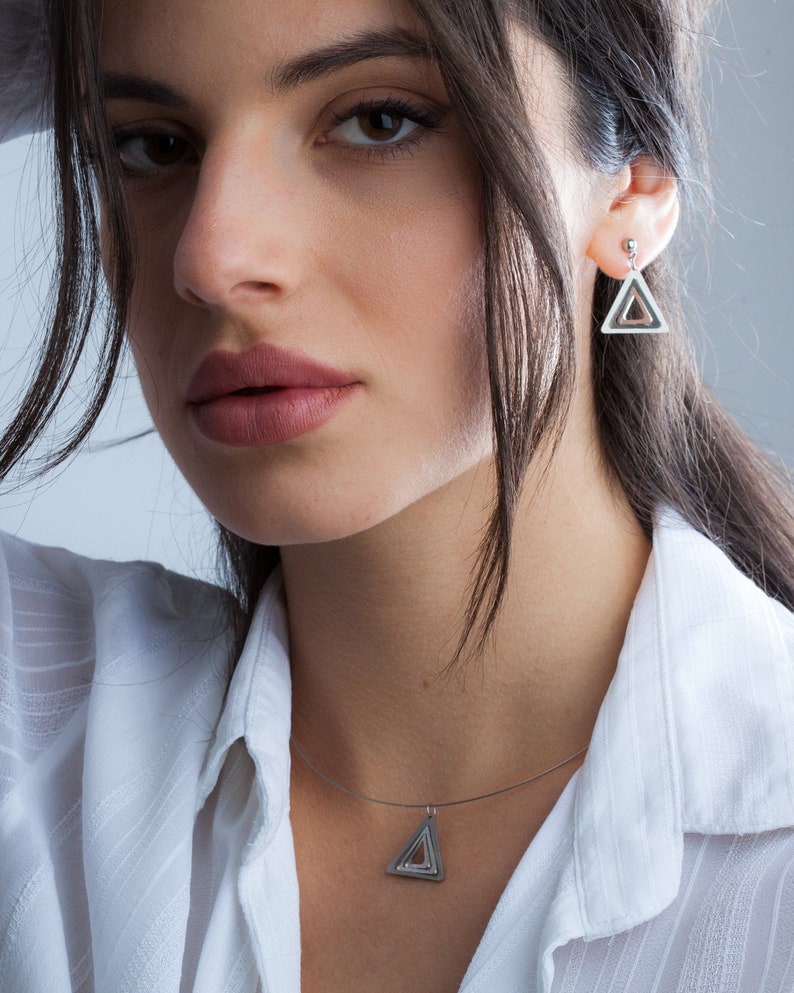 Mini Triangles Stud Earrings, Geometric stainless steel minimalist studs, Hypoallergenic dainty earrings, Elegant shining jewelry for her image 1