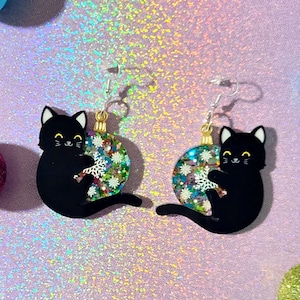 Festive Holiday Black Cat Playing With Ornament Christmas Earrings