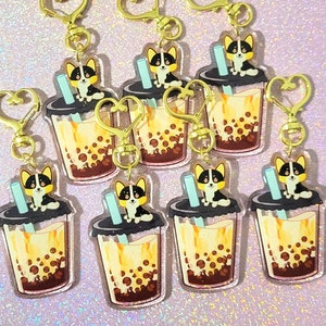 Tri-Color Corgi on Boba Milk Tea Keychain, Tapioca Pearls Keychain