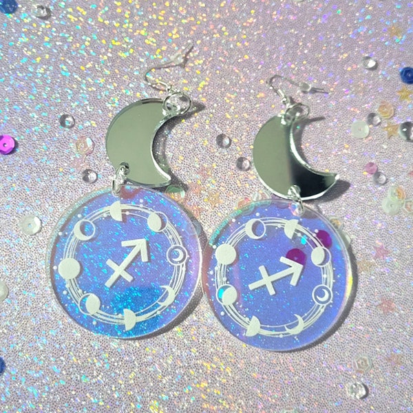 Sagittarius Zodiac Dangle Earrings, Horoscope Earrings, Moon and Star Earrings
