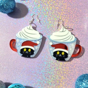 Festive Holiday Black Cat Hot Cocoa Christmas Earrings