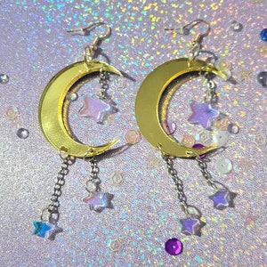 Iridescent Star and Gold Moon Dangle Earrings, Star and Moon Earrings, Colorful Star and Moon Earrings
