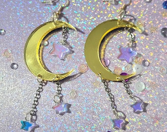 Iridescent Star and Gold Moon Dangle Earrings, Star and Moon Earrings, Colorful Star and Moon Earrings