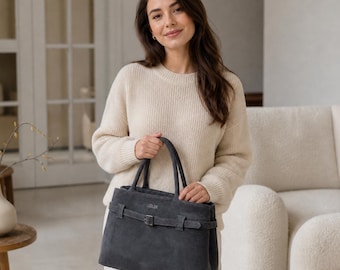 Bolso de hombro de ante, bolso tote gris con cremallera, bolso de mano gris