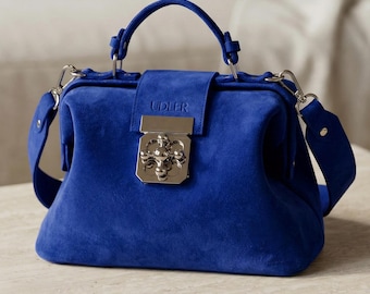 Bolso de mano tipo maletín médico de ante azul Dotcor - Regalo para el Día de la Madre