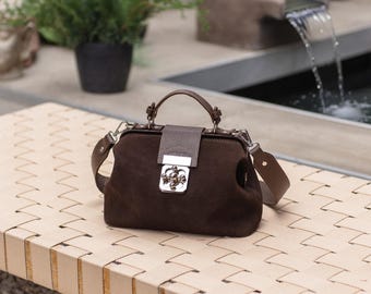 Bolso de médico de ante marrón, bolso de hombro de cuero estilo vintage