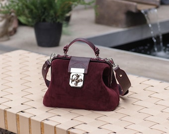 Burgundy suede or leather bag Burgundy doctor style handbag Dark brown  shoulder purse