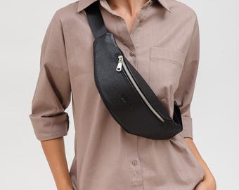 Riñonera tipo banana de piel negra para hombre y mujer – Bolso bandolera unisex, riñonera hecha a mano