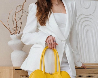 Yellow leather shoulder bag Baguette handbag Barrel purse