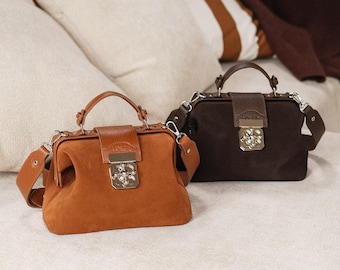 Suede doctor style bag Dark brown handbag  Crossbody bags Caramel leather bag Shoulder purse