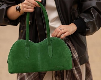 Green suede purse Suede shoulder bag in different color Baguette handbag
