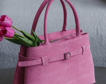 Bolso tote de ante rosa empolvado, bolso con asa superior y cinturón, bolso minimalista de lujo para mujer.