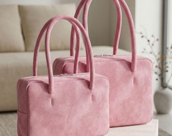Bolso tote rosa de ante natural, bolso de hombro