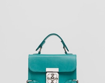 Turquoise Leather Bag, Mini Top Handle Purse, Elegant Shoulder Bag, Luxury Women Handbag