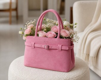 Bolso de hombro de ante rosa: bolso de mano artesanal para el día a día, bolso de oficina con cremallera.