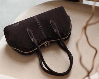 Brązowa torba zamszowa typu baguette, ręcznie robiona skórzana torba na ramię