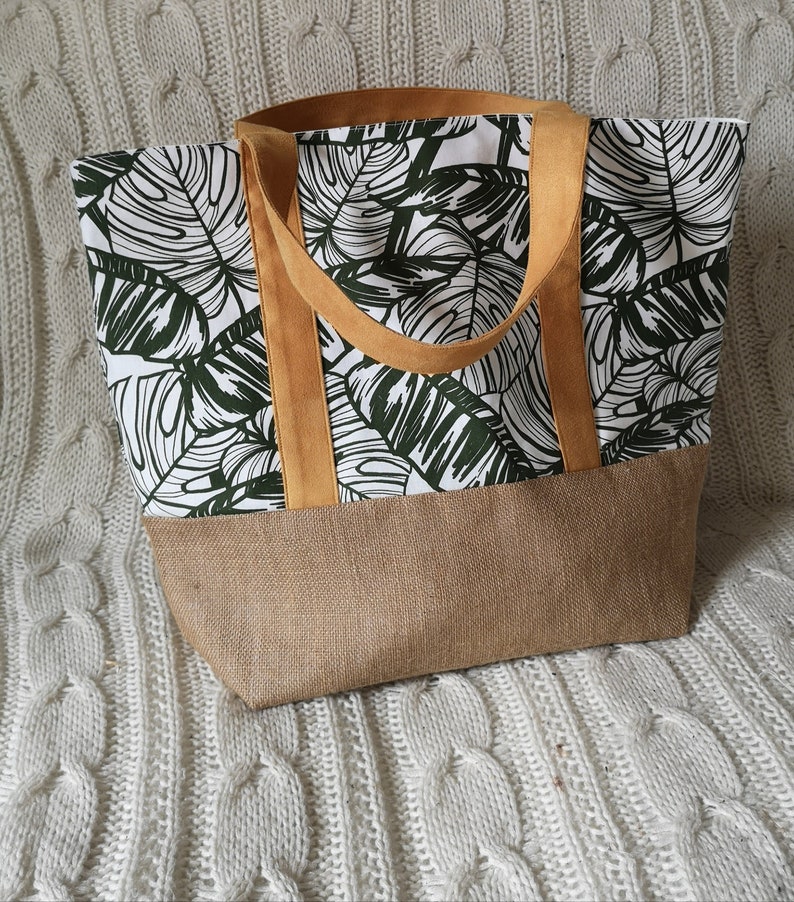 Tote bagtropical leaf printed beach bagburlap