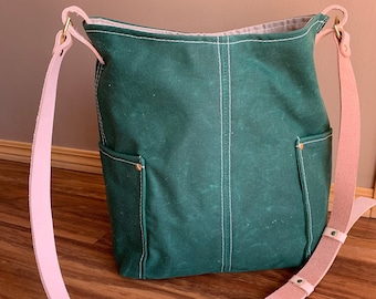 Emerald Green Waxed Canvas Crossbody Bag: Leather Travel Tote