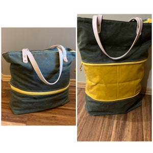 Expandable Waxed Canvas Zippered Tote Bag, Market Tote, Travel Bag, Beach Bag leather
