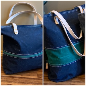Expandable Waxed Canvas Zippered Tote Bag, Market Tote, Travel Bag, Beach Bag leather