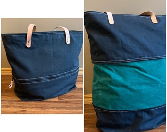 Expandable Waxed Canvas Tote Bag: Leather Handles, Zippered Travel Beach Bag
