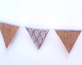 Hessian Bunting with Lace - 3M Rustic Jute Hessian and Lace Bunting - Flag Shabby Chic Wedding Bunting Decor