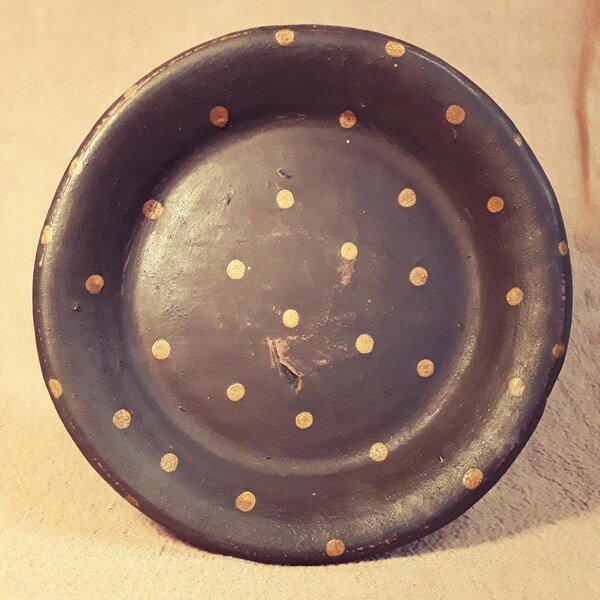 Redware pie plate, primitive pottery, 19th century ceramic polka dot, handmade reproduction charger plate, rustic, farmhouse country kitchen