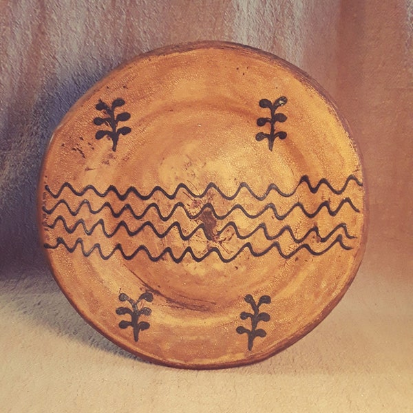 Redware slipware plate, primitive pottery, 19th century ceramic yellow charger, handmade reproduction, rustic, farmhouse, country kitchen