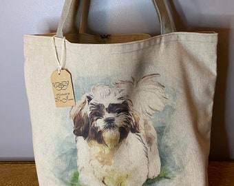 Cotton Rich Linen look Fluffy dog shopping bag, Digitally Printed linen style fabric 200gr/2