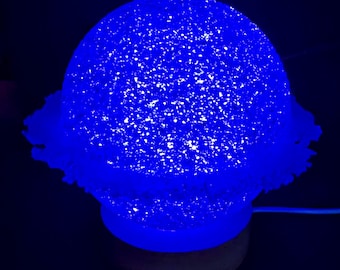 Handmade Blue Recycled Glass Lamp, Pate de Verre Accent Light, Wood Base Nightlight