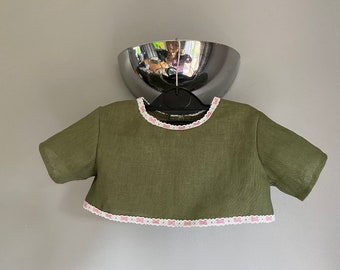 Baby Girls Dark green costume  from Natural 100% Pure linen fabric Top and Trousers Personalised gift