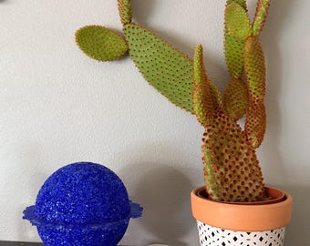Handmade Blue Recycled Glass Lamp, Pate de Verre Accent Light, Wood Base Nightlight