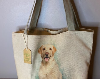 Cotton Rich Linen look Labrador dog shopping bag, Digitally Printed linen style fabric 200gr/2