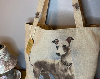 Cotton Rich Linen look Whippet dog shopping bag, Digitally Printed linen style fabric 200gr/2