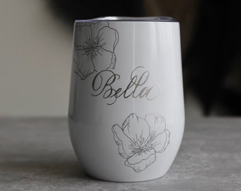 Engraved Personalized Wine Tumbler Floral | Bridesmaids | Wedding | Vacation | Gift