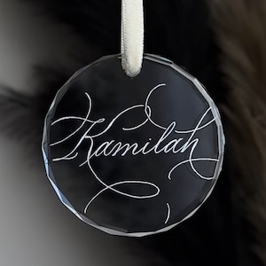Calligraphy Engraved Beveled Crystal Ornament | Christmas Keepsake | Custom Etched Heirloom | Holiday Gift