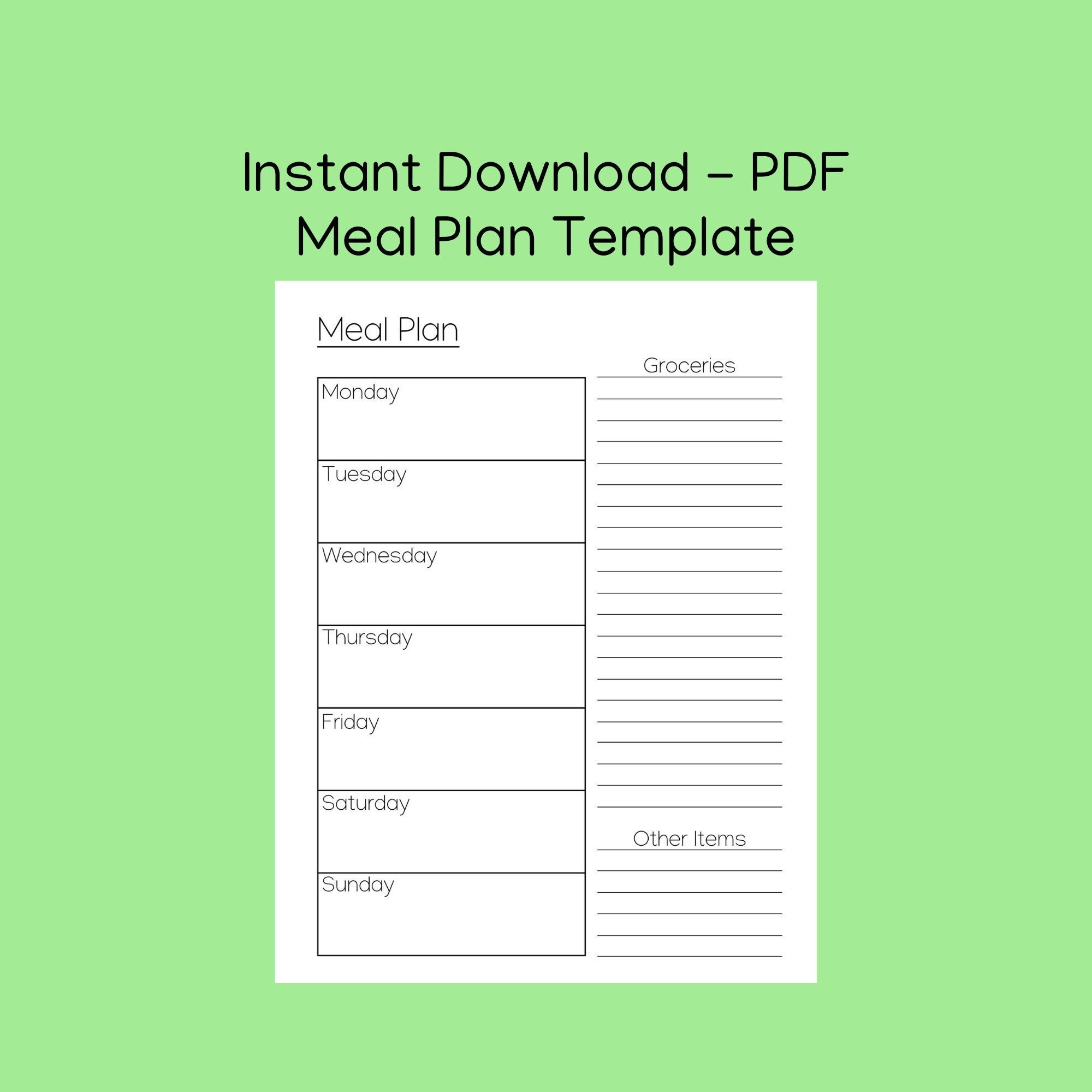 Meal Plan Template PDF Printable and Fillable Etsy
