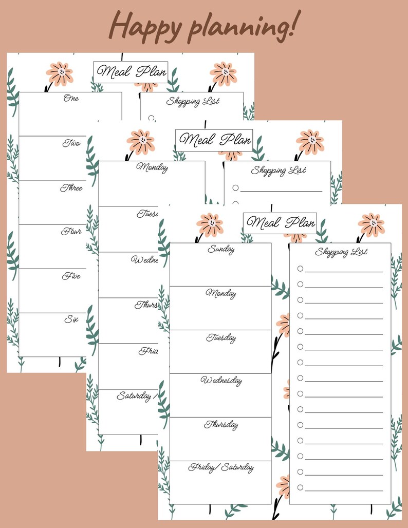 Floral Meal Plan and Shopping List PDF - Etsy