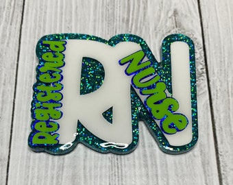 RN Badge Reel, Registered Nurse, Medical ID, Teal Glitter